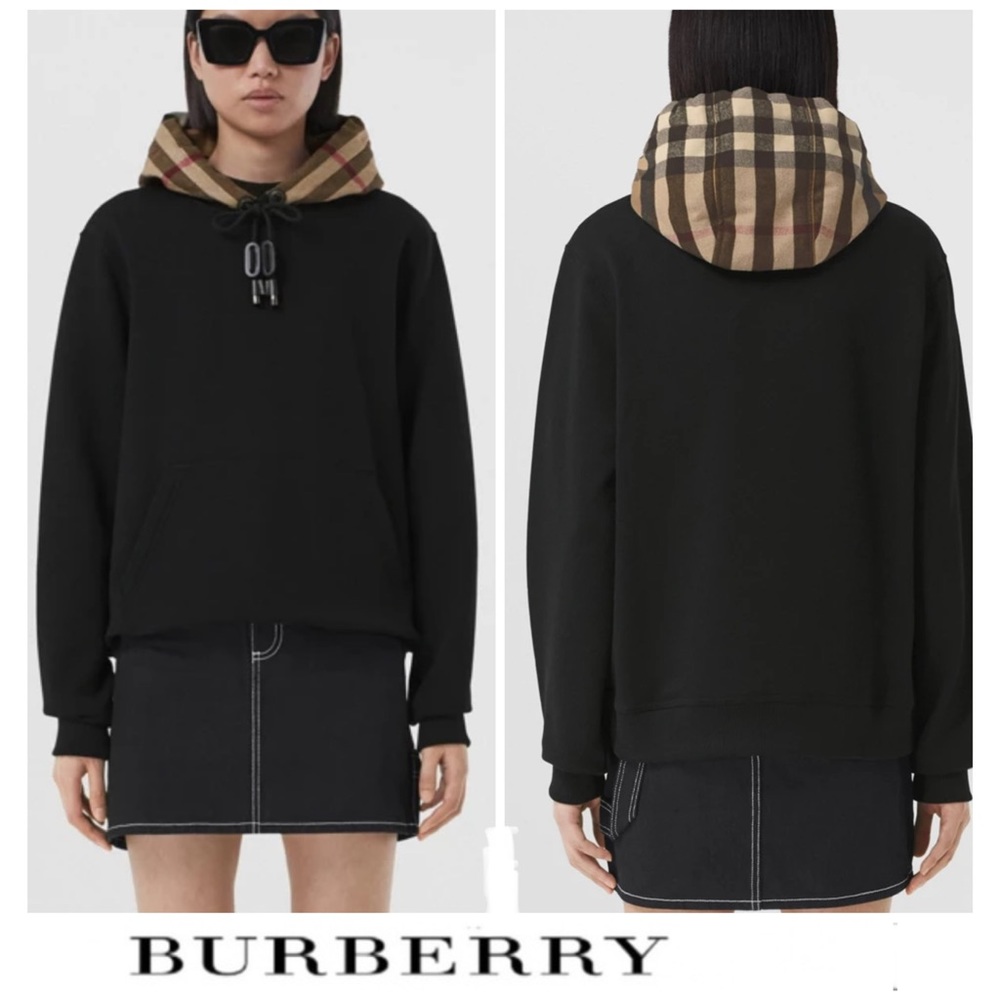 BURBERRY Black & Signature Check Drawcord 100% Cotton Sweater Hoodie Sz M NWT